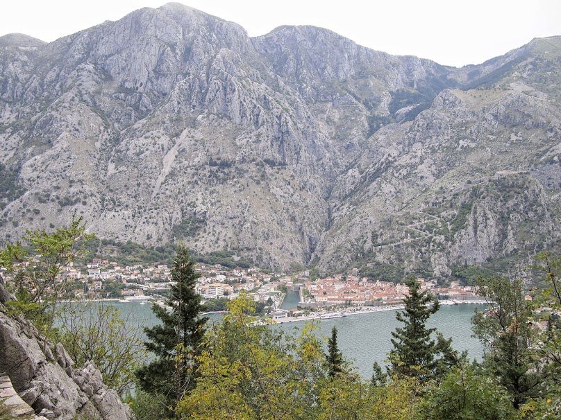 The trail to Fort Vrmac is located across the bay from the town of Kotor. You can see the town and the zig-zag trail to San Giovanni fort.